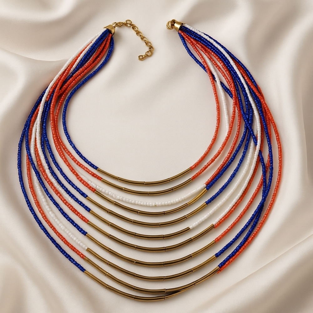 Red, White & Blue Multi-Strand Beaded Necklace – Boho Style w/ Gold-Tone Accents